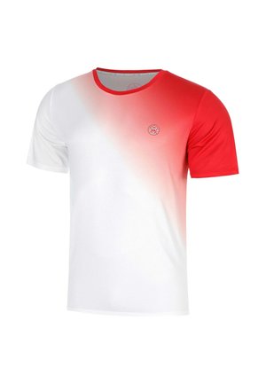 Short-sleeve sports T-shirt with a red right sleeve and upper chest fading into white on the left side, small circular logo on the chest.