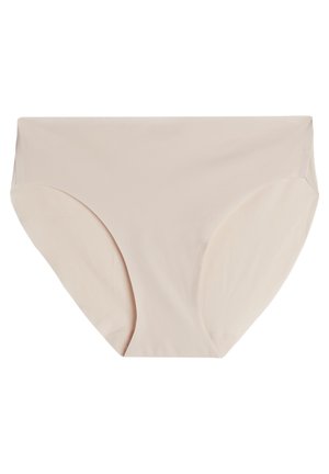 Beiger Bikini-Slip aus glattem Material mit hochgeschnittenem Design und moderater Abdeckung, mit nahtlosem Finish und ohne sichtbare Beschläge.