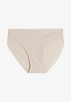 Béžové bikinové kalhotky vyrobené z hladkého materiálu, s vysokým pasem a středním zakrytím, s bezešvým provedením a žádnými viditelnými kovovými prvky.