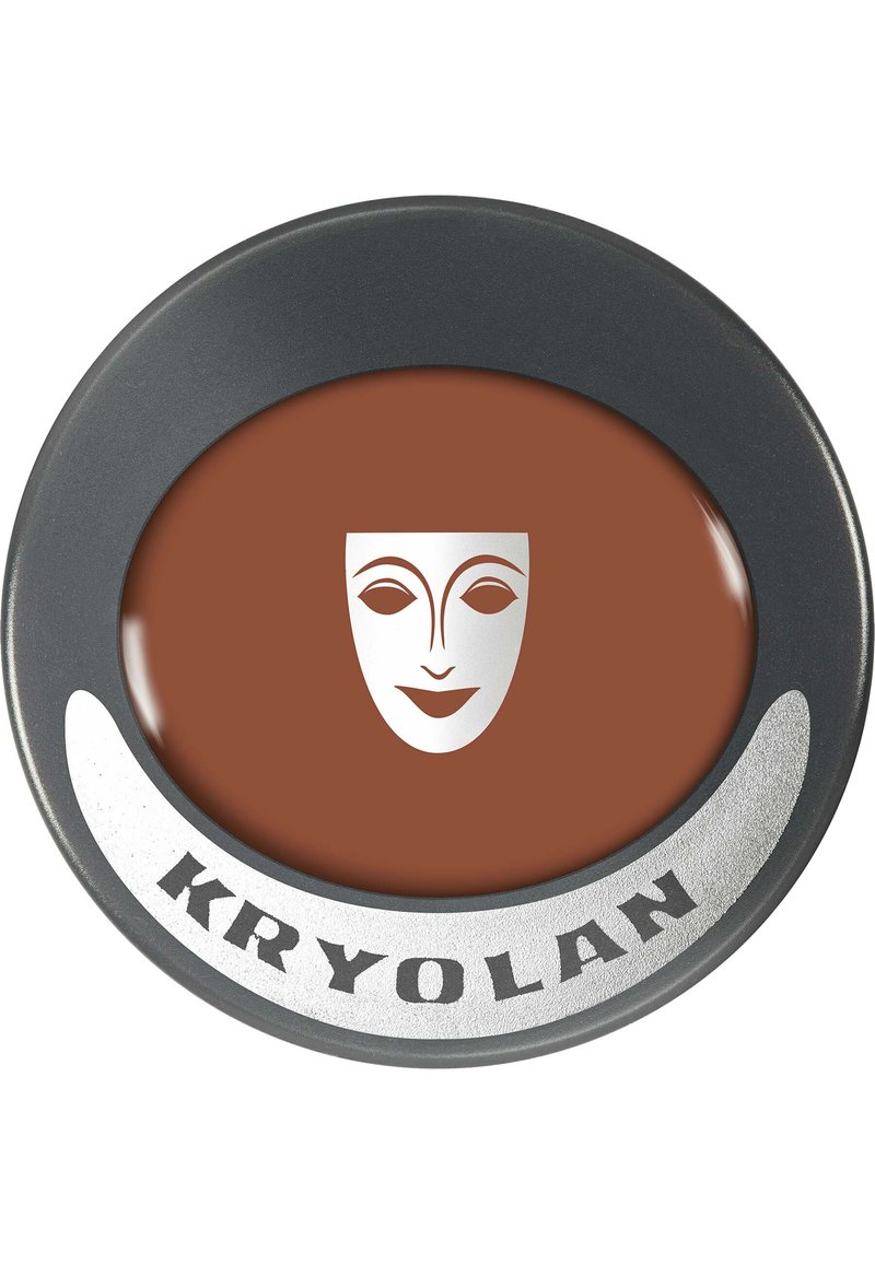 KRYOLAN face paint in a round compact features a smooth, brown texture with a circular black rim and a silver face design on top.