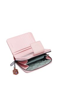 Light pink leather wallet with zip closure; features card slots, a clear ID window, and patterned green interior with a decorative charm.
