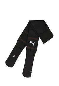 Schwarze Socken aus strukturiertem Stoff, mit zwei dunkelbraunen Streifen, weißem Puma-Logo und weißen Größenangaben auf der Sohle.
