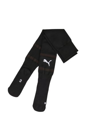 Schwarze Socken aus strukturiertem Stoff, mit zwei dunkelbraunen Streifen, weißem Puma-Logo und weißen Größenangaben auf der Sohle.