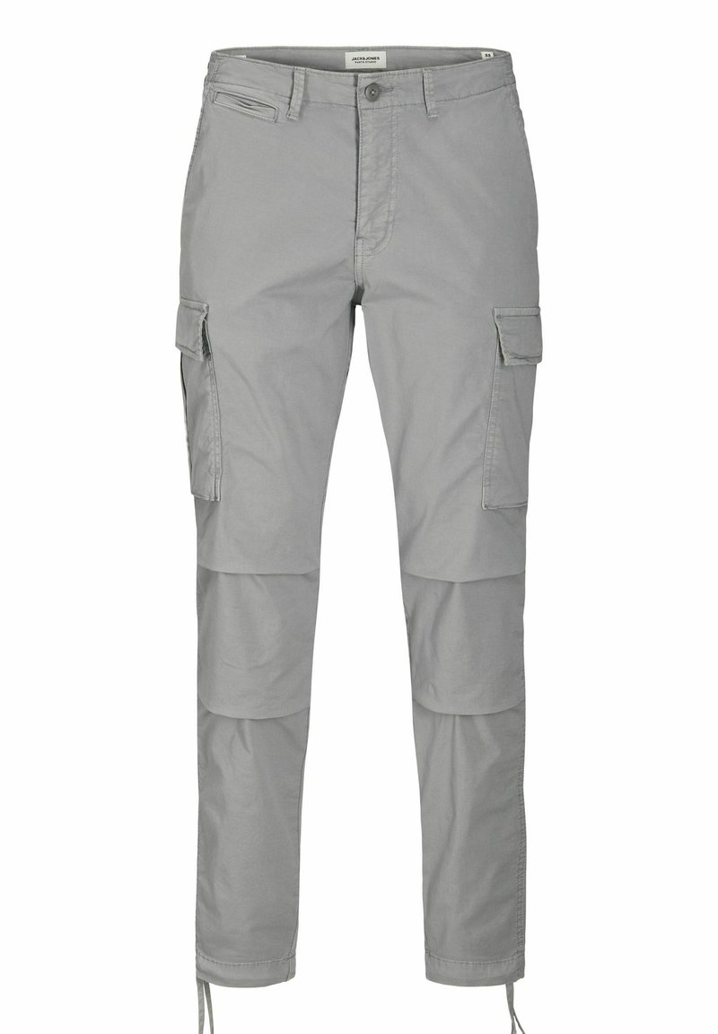 Svijetlosivi cargo hlače uskog kroja, izrađene od lagane tkanine. Imaju višestruke bočne džepove i podesive manžete na rubu.