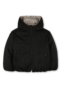 Svarte pufferjakke med hette, med glidelåslukking og to frontlommer. Innvendig har den et beige fôr med et trykt mønster.