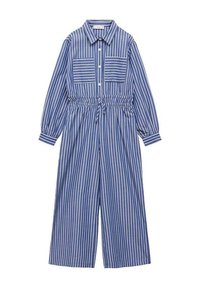 Blå och vitrandig jumpsuit med långa ärmar, två bröstfickor, elastisk midja och breda ben. Tillverkad av mjukt tyg.