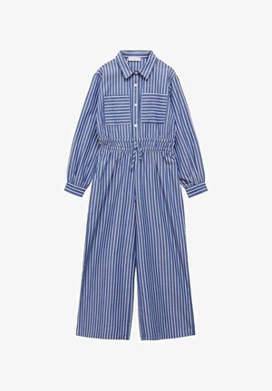 Salopette a righe blu e bianche con maniche lunghe, due tasche sul petto, vita elastica e design a gamba larga. Realizzata in tessuto morbido.