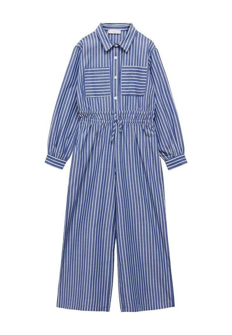 Blå och vitrandig jumpsuit med långa ärmar, två bröstfickor, elastisk midja och breda ben. Tillverkad av mjukt tyg.