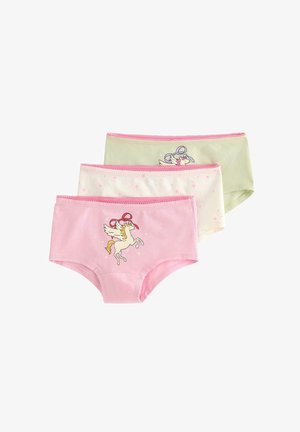 Kolme paria puuvillaisia alusvaatteita vaaleanpunaisena, vihreänä ja valkoisena, joissa on painettuja yksisarviskuvioita ja tähtimäisiä kuvastoja, joissa on picot-reunus vyötäröllä.