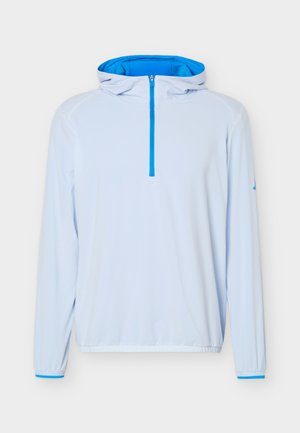 Lichtblauwe pullover hoodie met een halve ritssluiting aan de voorkant en een felblauwe rits en binnenvoering van de capuchon, elastische manchetten en zoom.