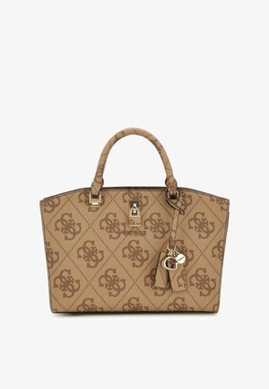 Tote bag with a tan monogram pattern and gold hardware. Structured design with dual top handles and a detachable keychain accent.