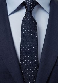 Marinblå slips med vita prickar, gjord av ett slätt tyg, bärs med en ljusblå skjorta med krage och en mörk kostymjacka.
