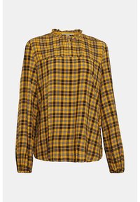 Blusa a maniche lunghe gialla e marrone a quadri con scollo arricciato e pattina con bottoni, presenta polsini elasticizzati e una vestibilità rilassata.