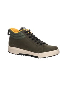 Baskets montantes vert foncé avec lacets noirs, col matelassé jaune, semelle blanche et grip noir texturé en dessous.