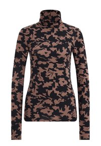 Hladký svetr s rolákem vyrobený z měkké látky, který má černý květinový maskáčový vzor na hnědém pozadí. Dlouhé rukávy s přiléhavým siluetou.