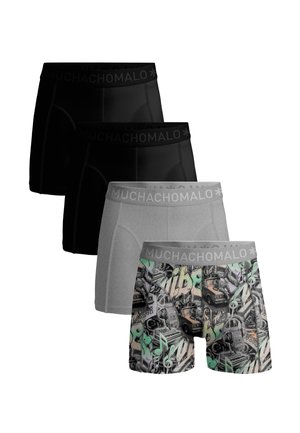 Cuatro pares de bóxers para hombre, dos negros, uno gris y uno con diseño de grafiti colorido y notas musicales.