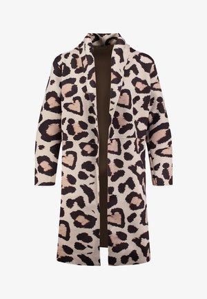 Abrigo largo con abertura al frente con estampado de leopardo en beige y negro y mangas largas.