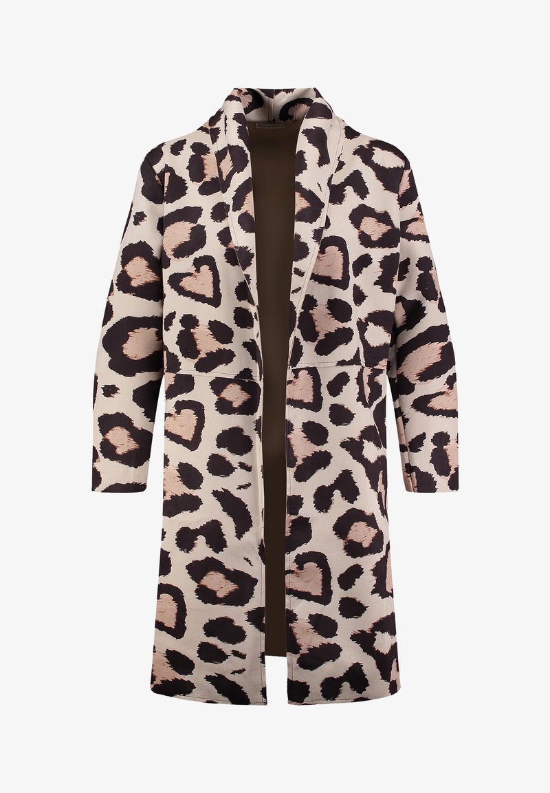 Manteau long à ouverture frontale avec un motif léopard beige et noir et des manches longues.
