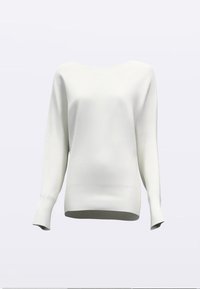 Hvid ribstrikket sweater med lange ærmer, en afslappet bådudskæring og en lige kant. Glat tekstur og letvægtsmateriale.