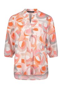 Kevyt, läpikuultava paita, jossa on mandariinikaulus. Ominaisena monivärinen pyöreä painatus korallin, vaaleanpunaisen ja harmaan sävyissä. Kolmannes hihasta.