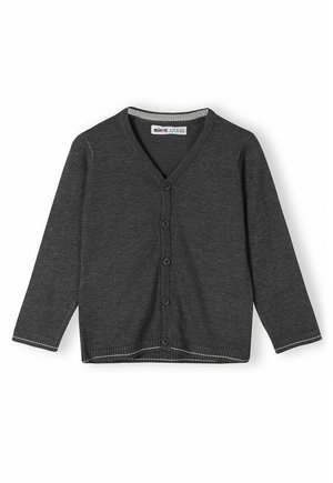 Dunkelgrauer Cardigan mit V-Ausschnitt, Knopfverschluss und langen Ärmeln. Mit gerippten Bündchen und Saum, aus einem weichen Strickstoff gefertigt.