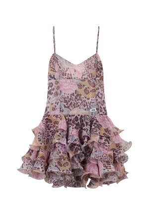 Mini abito senza maniche con stampa floreale e leopardata, con spalline sottili e orlo a balze stratificate nei toni del rosa, beige e grigio.