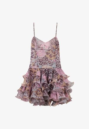 Mini abito senza maniche con stampa floreale e leopardata, con spalline sottili e orlo a balze stratificate nei toni del rosa, beige e grigio.