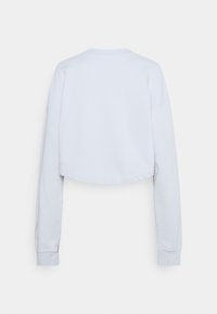 Sudadera recortada en gris claro con mangas largas, puños acanalados y cuello redondo. Presenta una textura suave y un diseño minimalista.