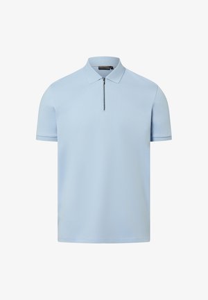 Lichtblauw poloshirt met korte mouwen, een kraag en een ritssluiting aan de voorkant, getoond tegen een witte achtergrond.