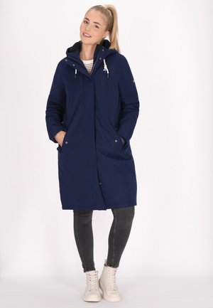 Marineblauwe lange parka met een rits- en drukknoopsluiting, voorzakken en een capuchon. Beschikt over een zachte textuur en duurzaam materiaal.