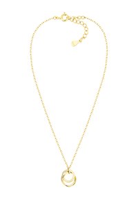 Guld-tone metal halskæde med to sammenflettede ringe, en glat og en med en struktureret overflade, på en fin kæde.