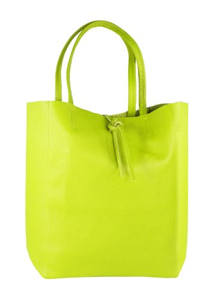 Limoengroene leren shopper met een gestructureerd oppervlak, twee handvatten en een trekkoordsluiting. Rechthoekige vorm met een open bovenkant.