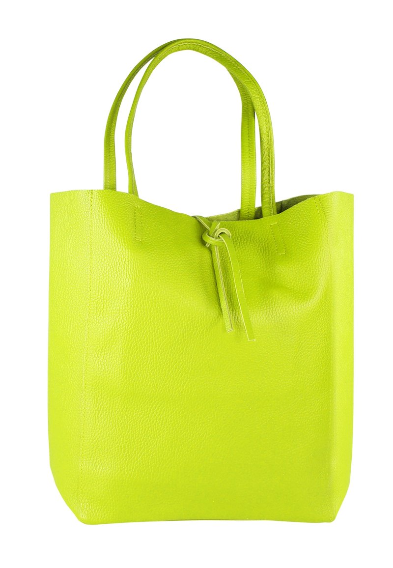 Limoengroene leren shopper met een gestructureerd oppervlak, twee handvatten en een trekkoordsluiting. Rechthoekige vorm met een open bovenkant.