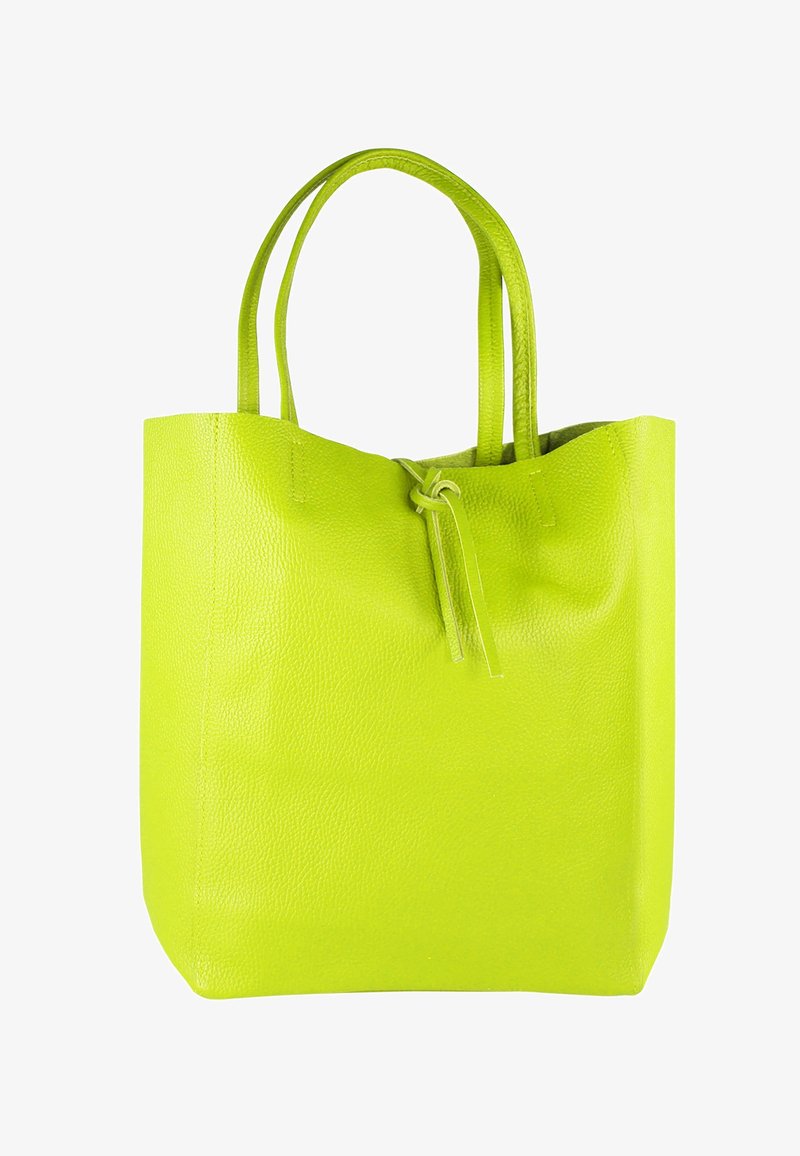 Limoengroene leren shopper met een gestructureerd oppervlak, twee handvatten en een trekkoordsluiting. Rechthoekige vorm met een open bovenkant.