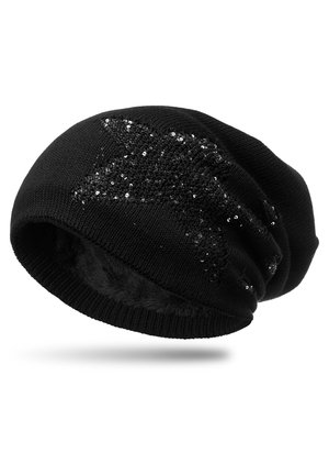 Black knit beanie with a soft, fuzzy lining. Features a prominent star shape made of black sequins on the front, creating a textured design.
