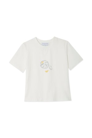 T-shirt en coton blanc à manches courtes et col rond, avec un design imprimé de tranche de citron sur le devant en jaune et gris.