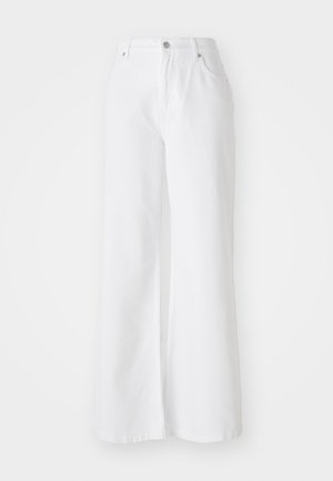 Hvide denim bredbenede bukser med høj talje, der har forlommer og sølvknaplukning. Teksturen er glat med en ensfarvet overflade.
