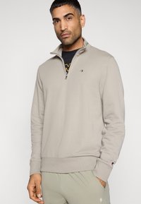 Ανοιχτό γκρι φούτερ με φερμουάρ και ψηλό γιακά, με μικρό λογότυπο στο στήθος και ριμπ μανσέτες. Μαλακή υφή υφάσματος, άνετη εφαρμογή.