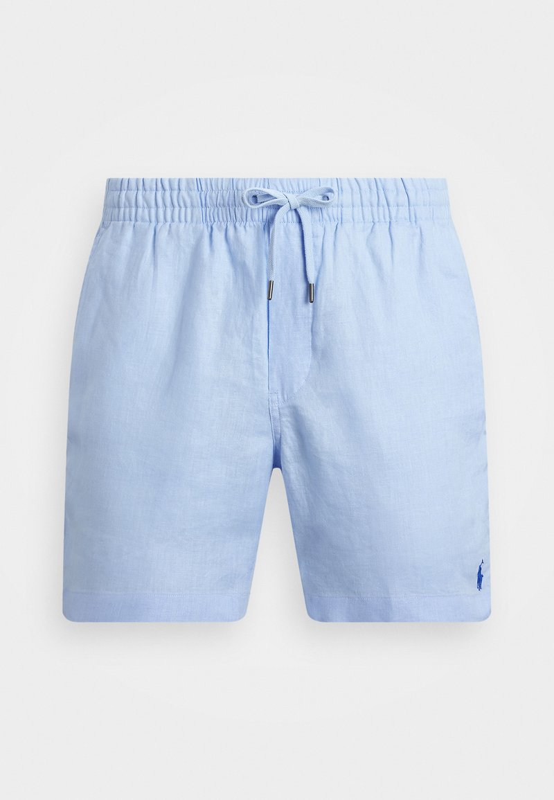 Lys blå linne shorts med elastisk midjebånd og snøring. Har en subtil brodert logo på nedre kant. Glatt tekstur.