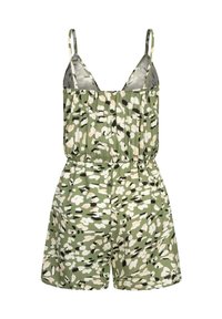 Roheline lillemustriga jumpsuit õhukeste rihmadega, elastse vöökoha ja üksteisega vabamalt istuva lõikega. Kujunduses on valged ja mustad detailid.