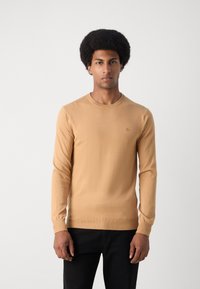 Light brown knitted sweater with long sleeves, round neckline, and ribbed cuffs. Small logo on the chest. Model wearing black pants.