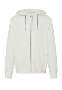 Sweat à capuche blanc zippé en tissu doux, avec capuche à cordon de serrage, accents bleu sur la fermeture éclair et poches latérales. Design simple, sans motifs.