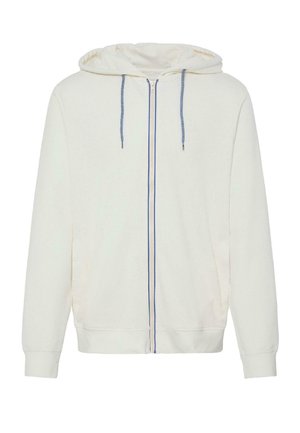 Bílá mikina na zip z měkké látky, s kapucí na stažení šňůrkou, modrými zipy a bočními kapsami. Jednoduchý design bez vzorů.