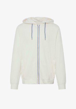 Bijela dukserica na patent s mekanim materijalom, ima kapuljaču s vezicama, plave naglaske na patentu i bočne džepove. Jednostavan dizajn, bez uzoraka.