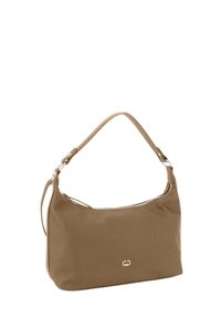 Taupe Schultertasche aus strukturiertem Stoff, mit einem silbernen Reißverschluss, Logodetail und einem verstellbaren Einzelriemen. Kompakte rechteckige Form.