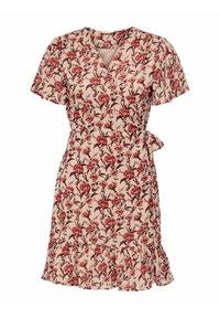 Kukkaverhoiltu mekko beige väriin punaisilla kukilla. Lyhyet röyhelöiset hihat, v-avainleikkaus ja solmitys vyötäröllä. Laakereita revitty helma.