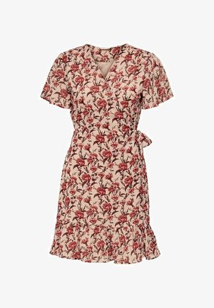 Robe portefeuille florale en beige avec des fleurs rouges. Manches courtes à volants, décolleté en V et détail à nouer à la taille. Ourlet évasé à volants.