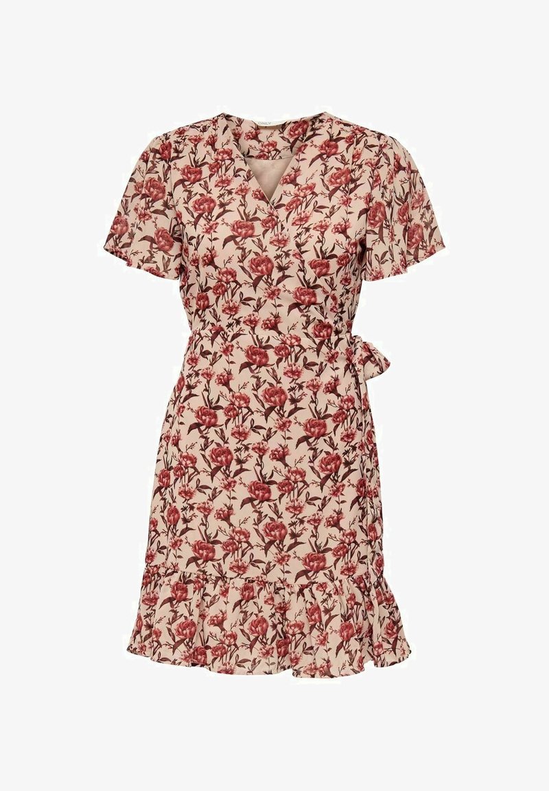 Kukkaverhoiltu mekko beige väriin punaisilla kukilla. Lyhyet röyhelöiset hihat, v-avainleikkaus ja solmitys vyötäröllä. Laakereita revitty helma.