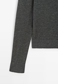 Manica di maglione a maniche lunghe di colore grigio scuro e parte del torso con polsini e orlo a coste su sfondo bianco.