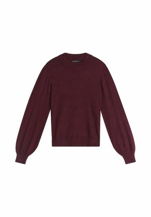 Burgundy stickad tröja med rund halsringning, långa ballongsärmar och ribbade mudd och nederkant. Mjuk textur, minimalistisk design, inga mönster.